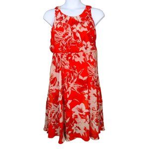 Jessica Howard Red Orange Tropical Floral Print Sleeveless Midi Dress Size 8 EUC